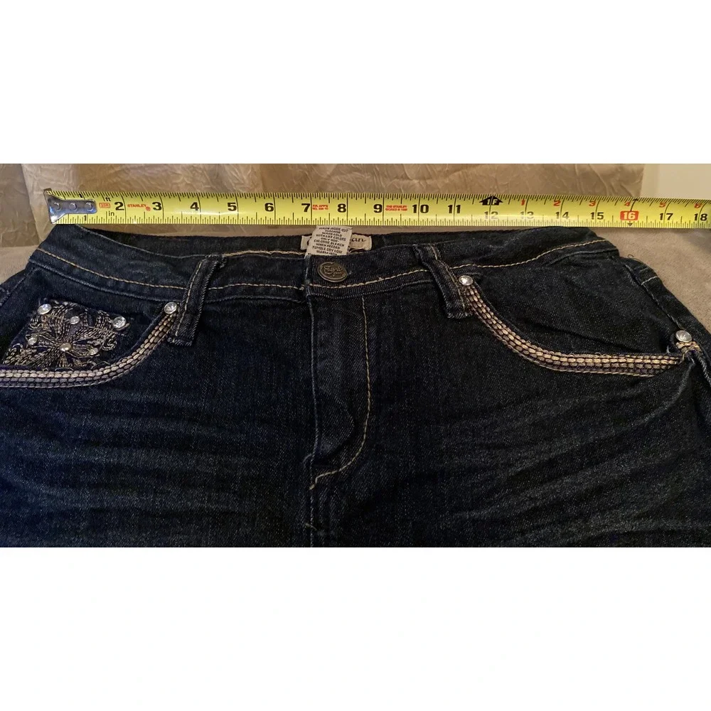 Earl Jean Denim Mini Skirt Bling Cross Dark Wash Country Festival Women's Sz 8